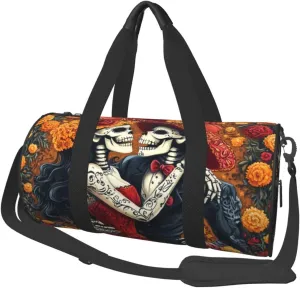 Sports Duffel Bag Marigold-Romantic-Dead-Skeletons Foldable Travel Tote Bag Weekender Sleepover Carry On Bag