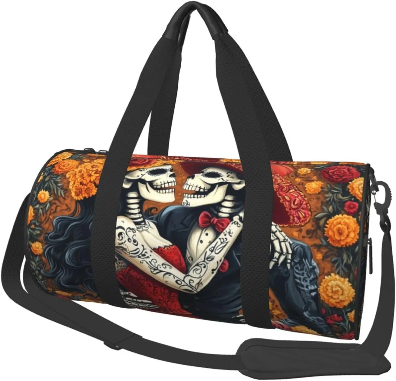 Sports Duffel Bag Marigold-Romantic-Dead-Skeletons Foldable Travel Tote Bag Weekender Sleepover Carry On Bag