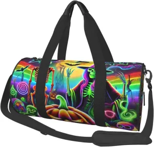 Sports Duffel Bag Neon-Skeletons-Bats-Halloween Foldable Travel Tote Bag Weekender Sleepover Carry On Bag