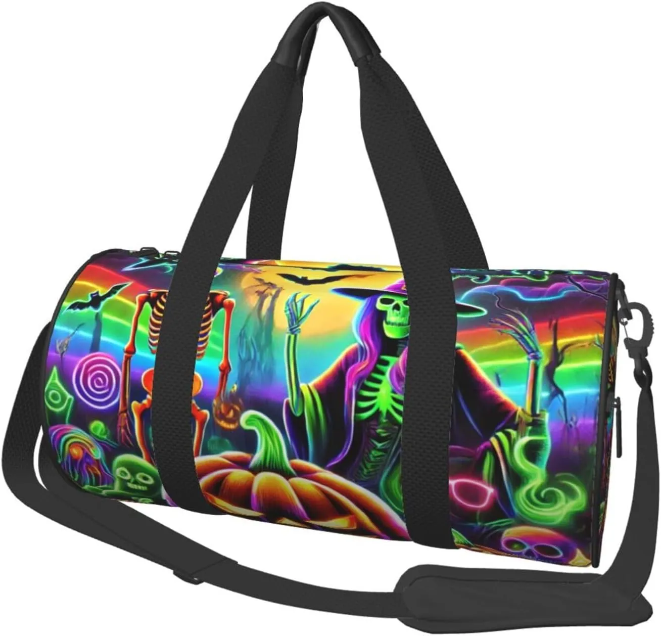 Sports Duffel Bag Neon-Skeletons-Bats-Halloween Foldable Travel Tote Bag Weekender Sleepover Carry On Bag