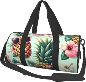 Sports Duffel Bag Pineapple-With-Glasses-Flowers Foldable Travel Tote Bag Weekender Sleepover Carry On Bag