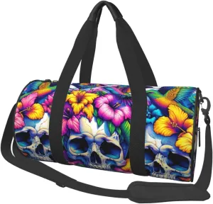 Sports Duffel Bag Skull-Hummingbirds-Flowers-Stripes Foldable Travel Tote Bag Weekender Sleepover Carry On Bag