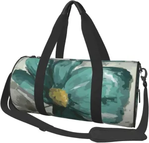 Sports Duffel Bag Teal-Grey-Vintage-Flower-Petal Foldable Travel Tote Bag Weekender Sleepover Carry On Bag