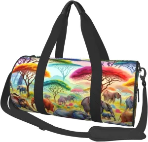 Sports Duffel Bag Watercolor-Elephants-In-African Foldable Travel Tote Bag Weekender Sleepover Carry On Bag