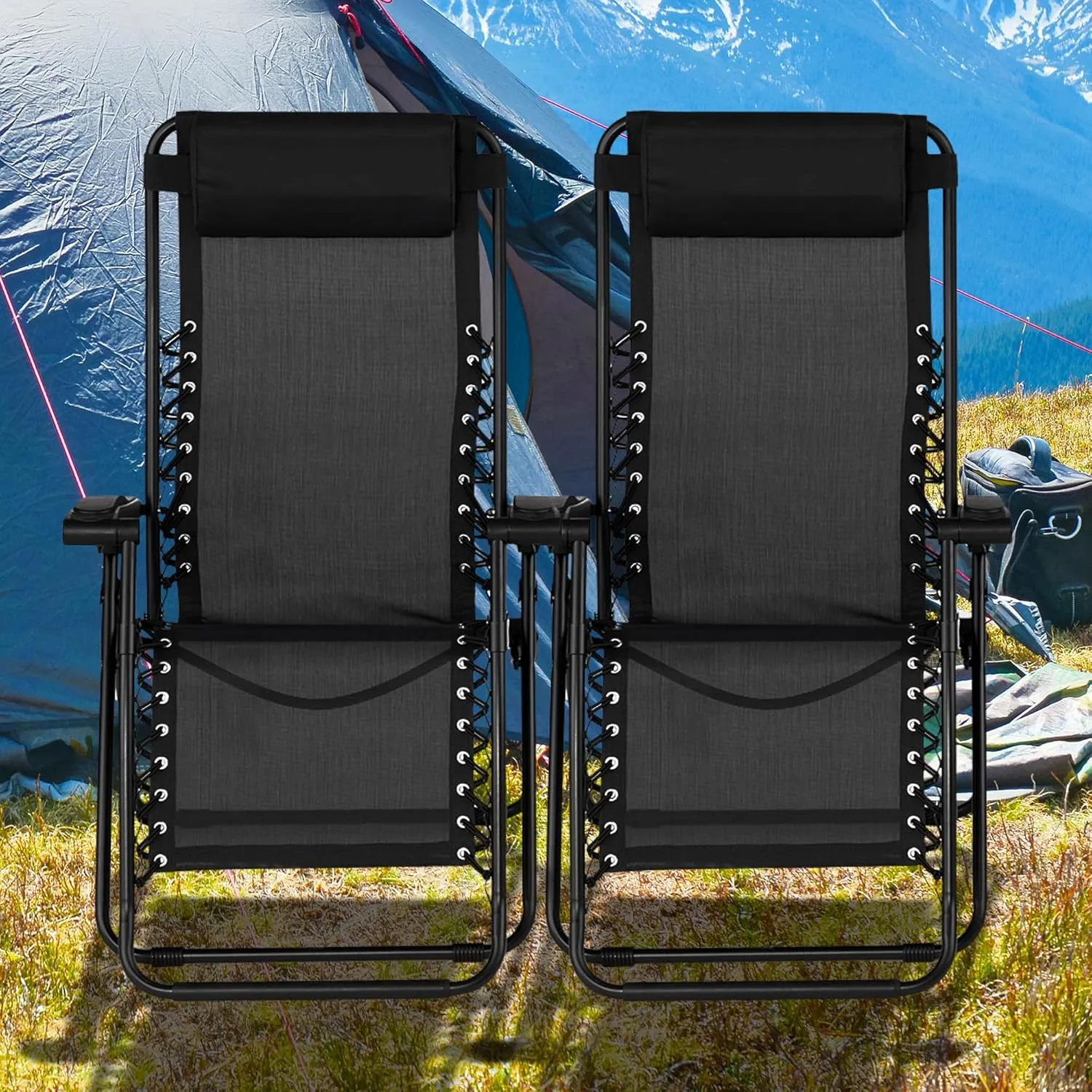 Sports Zero Gravity Outdoor Portable Folding Camping Lawn Deck Patio Lounge Chair with Adjustable Headrest, Black (Pair)