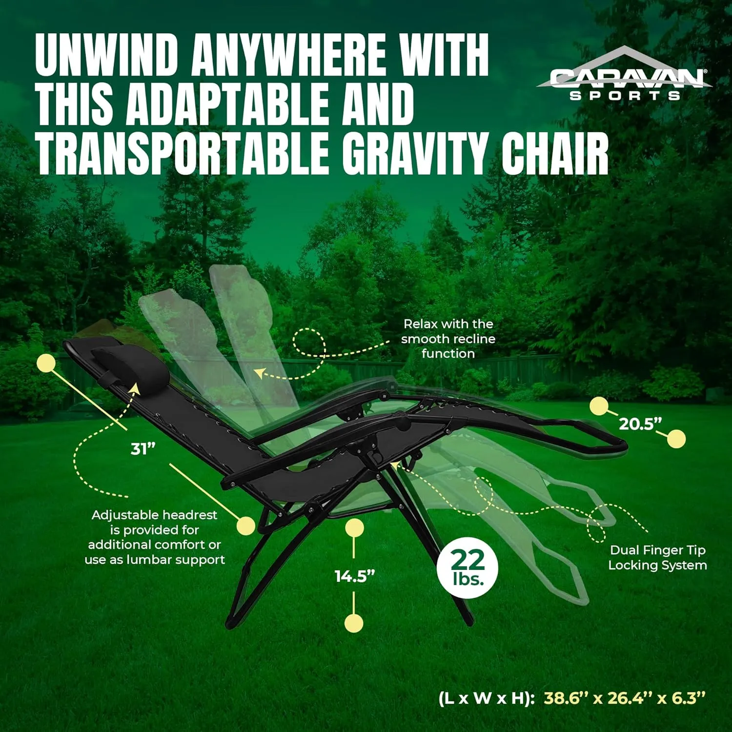 Sports Zero Gravity Outdoor Portable Folding Camping Lawn Deck Patio Lounge Chair with Adjustable Headrest, Black (Pair)