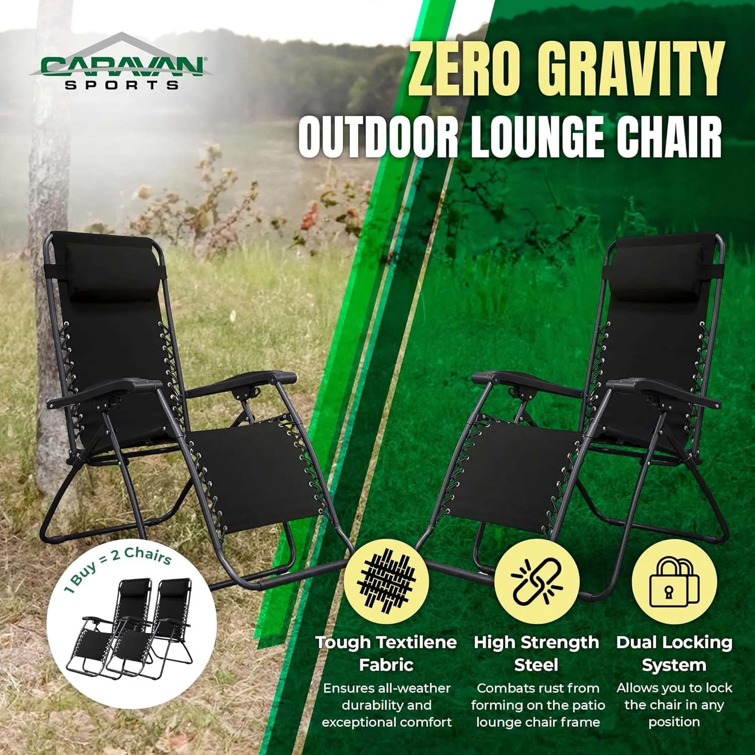 Sports Zero Gravity Outdoor Portable Folding Camping Lawn Deck Patio Lounge Chair with Adjustable Headrest, Black (Pair)