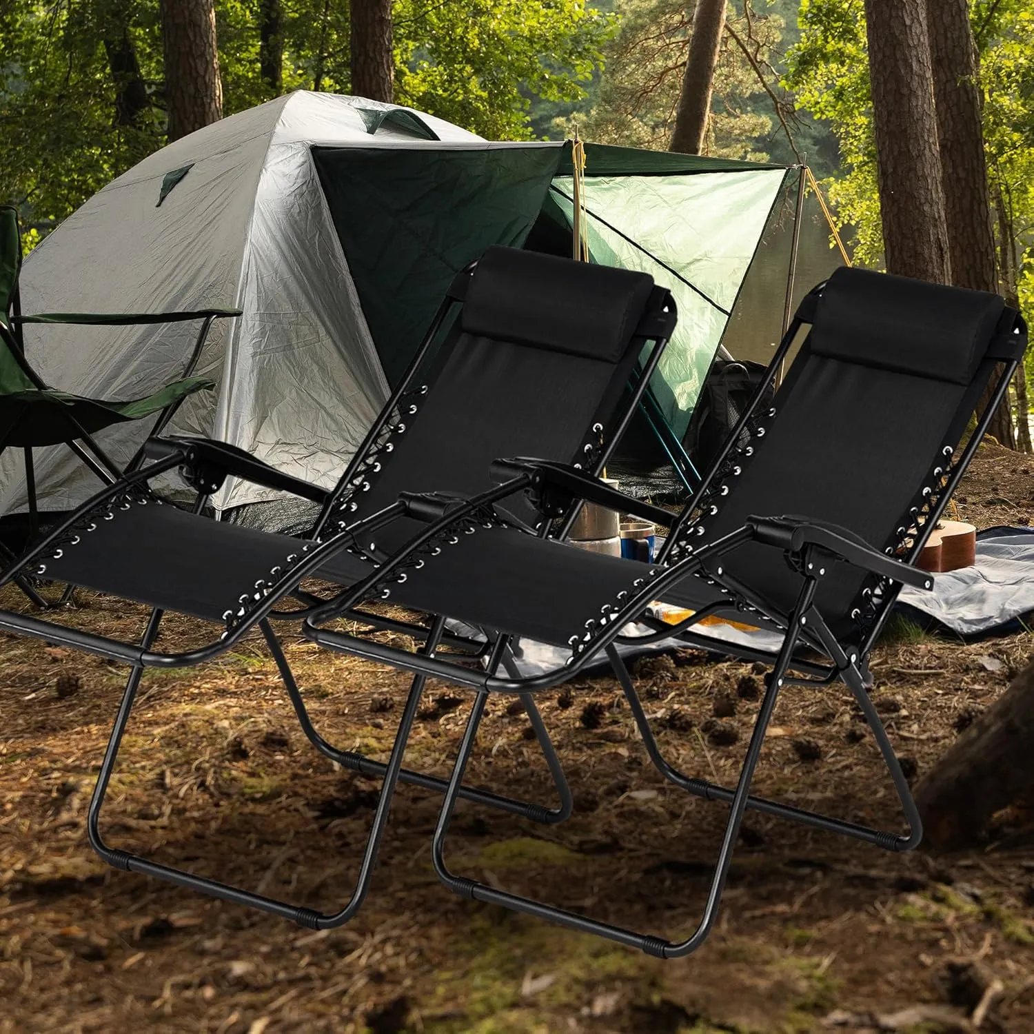 Sports Zero Gravity Outdoor Portable Folding Camping Lawn Deck Patio Lounge Chair with Adjustable Headrest, Black (Pair)