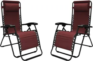 Sports Zero Gravity Recliner Lounge Chair for Indoor and Outdoor Use with Smooth Recline Function, Dual Finger Tip Locking System, and Pillow for Lumbar and Head Support, Burgundy (Pair)