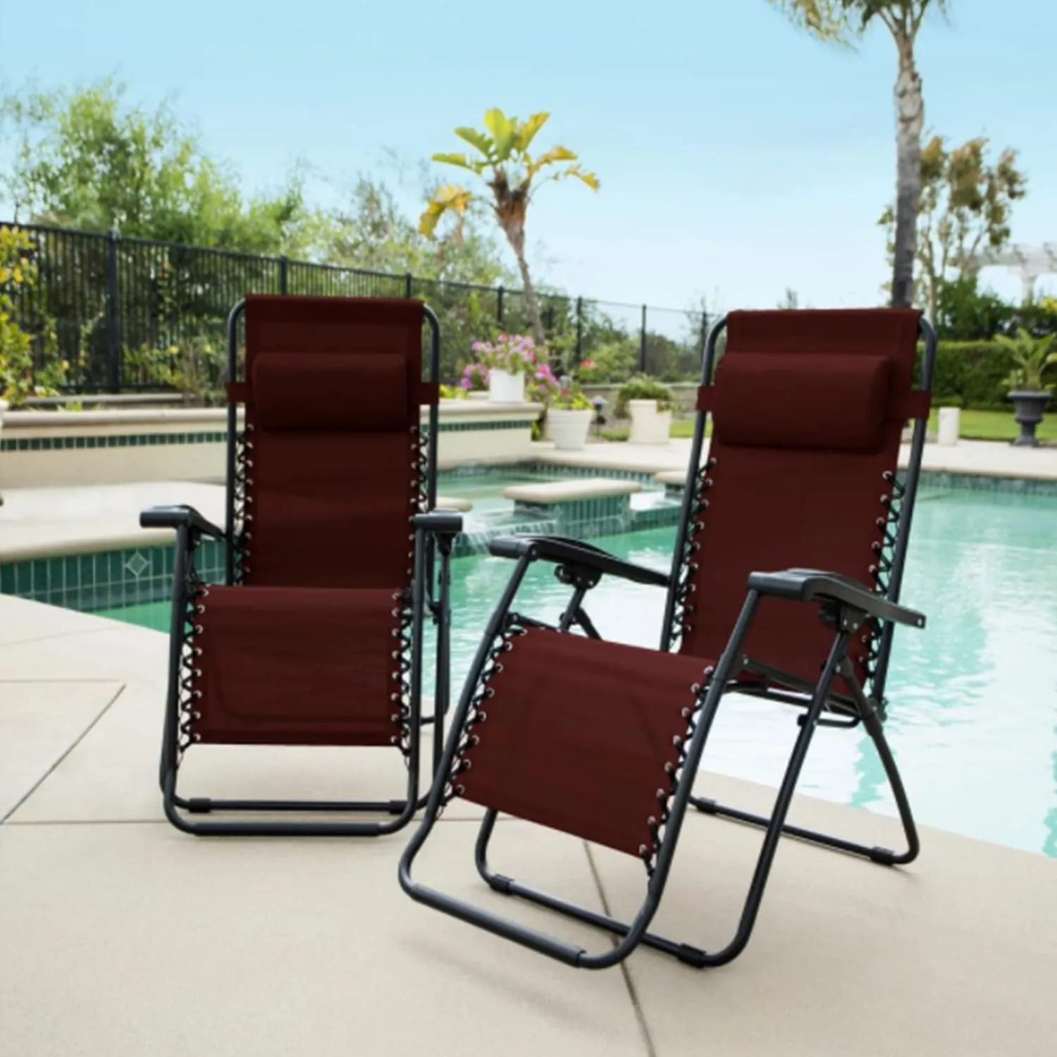 Sports Zero Gravity Recliner Lounge Chair for Indoor and Outdoor Use with Smooth Recline Function, Dual Finger Tip Locking System, and Pillow for Lumbar and Head Support, Burgundy (Pair)