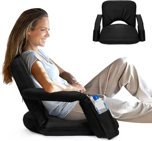 Stadium Seats for Bleachers with Upgraded Armrests and Strong Back Support, Bleacher Seats with Extra Wide Cushion, 6.6LBS Lightweight, 6 Reclining Positions, Floor Chair for Indoor Outdoor (Black)