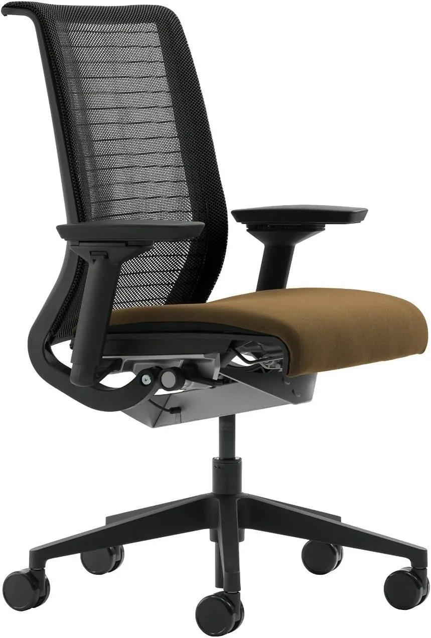 Steelcase Think Task Chair: Fixed Lumbar - Adjustable Arms - Standard Carpet Casters - Black 3D Knit Back