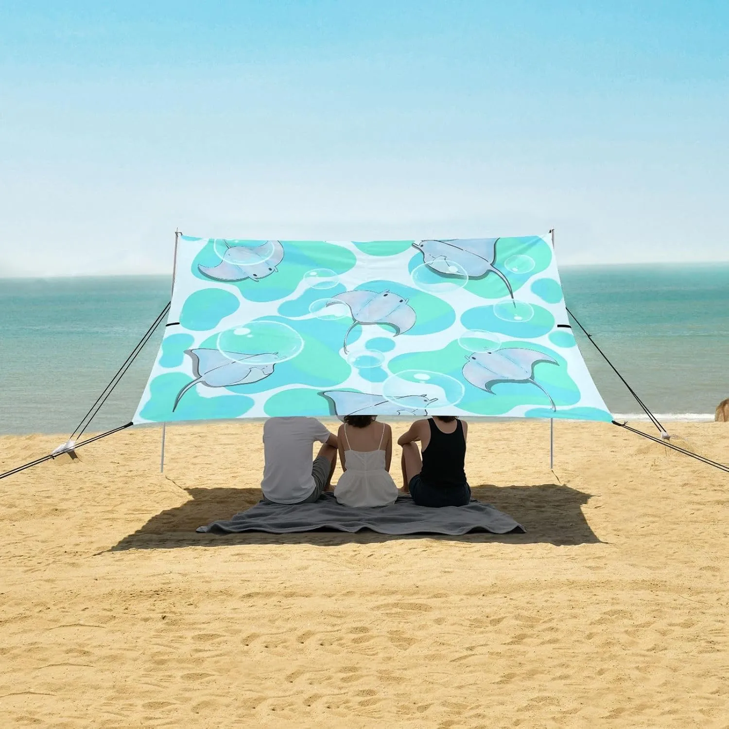 Stingray Marine Life Beach Canopy Tent Anti-UV & Wind Resistant, Cute Camping Sun Shelter Easy Setup Portable,Outdoor Shade Tents with Sandbags,Sand Shovels,Ground Pegs & Stability Poles