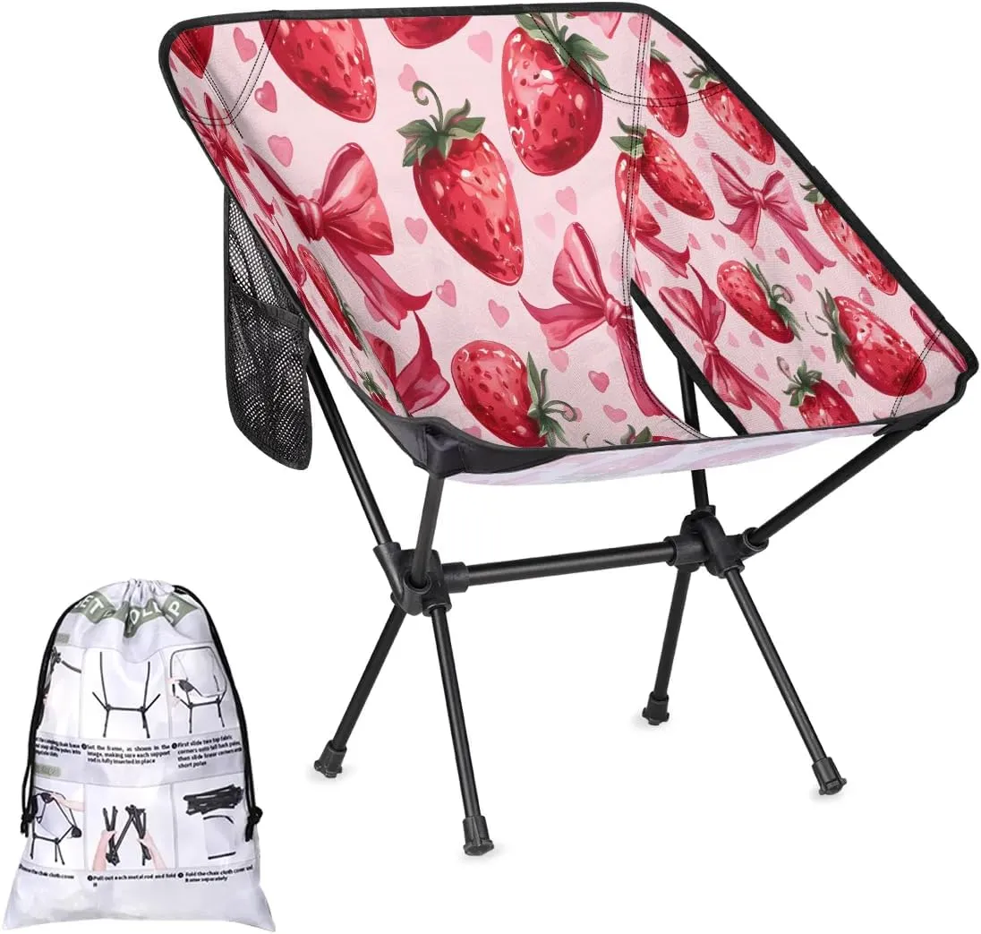 Strawberries Bow Camping Chairs for Adults Ultralight Folding Chairs Outside Portable Camp Backpacking Chair with Side Pocket Storage Bag Compact Beach Chairs for Hiking Fishing