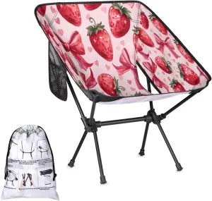 Strawberries Bow Camping Chairs for Adults Ultralight Folding Chairs Outside Portable Camp Backpacking Chair with Side Pocket Storage Bag Compact Beach Chairs for Hiking Fishing