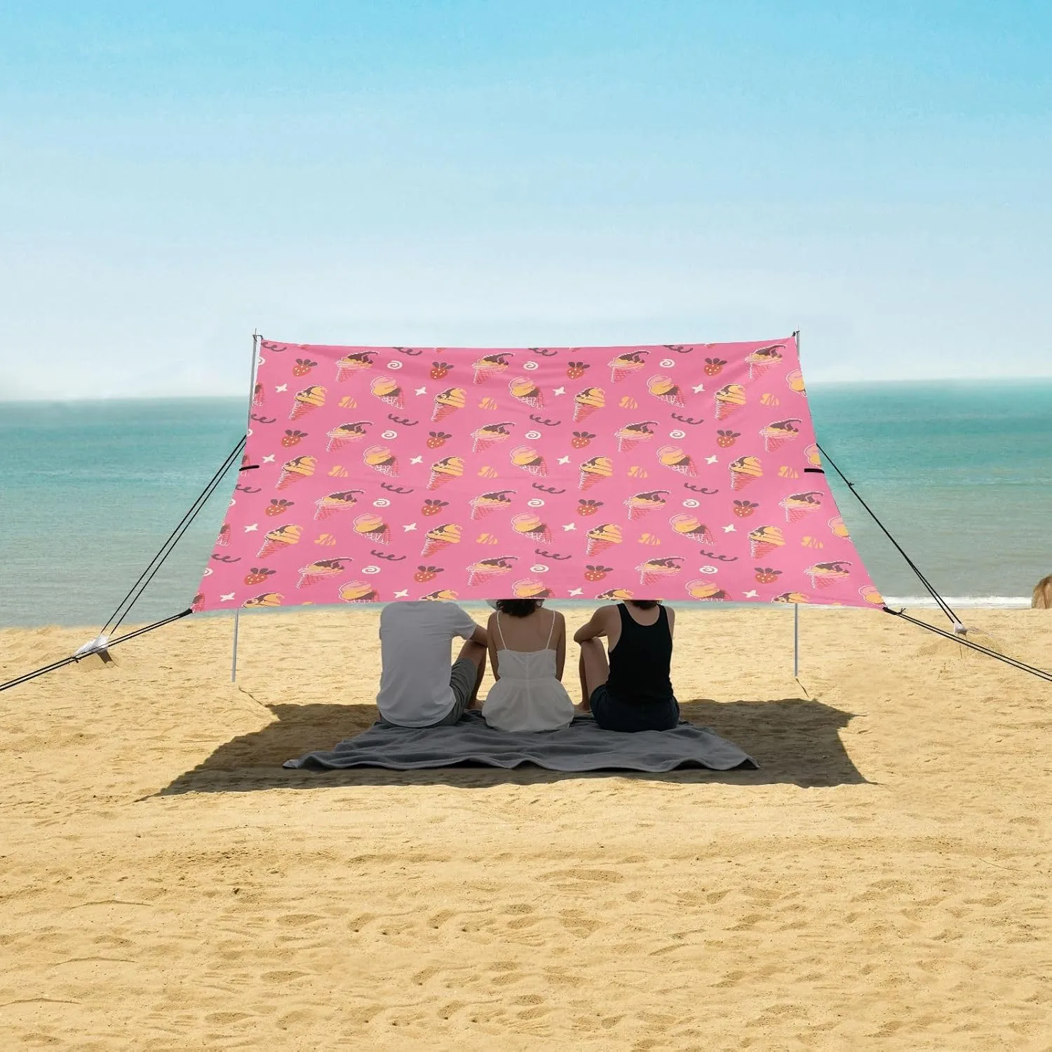 Strawberry Ice Cream Beach Canopy Tent Anti-UV & Wind Resistant, Camping Sun Shelter Easy Setup Portable,Outdoor Shade Tents with Sandbags,Sand Shovels,Ground Pegs & Stability Poles