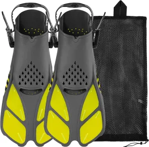 Sugaroom Swim Fins Open Heel, Adjustable Snorkel Fins Diving Fins with Mesh Bag, Snorkeling Gear Flippers Travel Size Short Flippers for Lap Swimming Scuba Dive Adult Men Women Kids