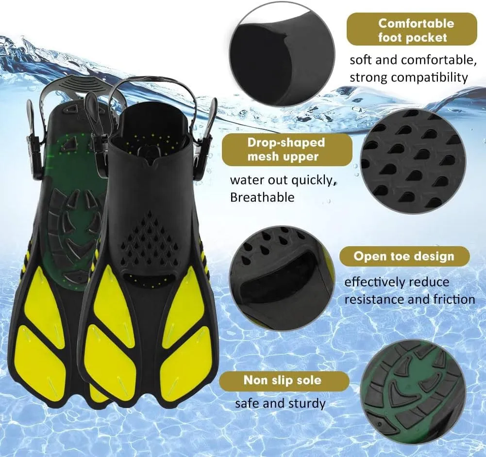 Sugaroom Swim Fins Open Heel, Adjustable Snorkel Fins Diving Fins with Mesh Bag, Snorkeling Gear Flippers Travel Size Short Flippers for Lap Swimming Scuba Dive Adult Men Women Kids