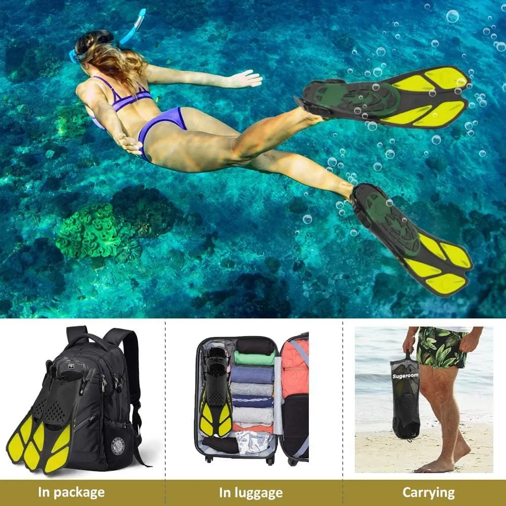 Sugaroom Swim Fins Open Heel, Adjustable Snorkel Fins Diving Fins with Mesh Bag, Snorkeling Gear Flippers Travel Size Short Flippers for Lap Swimming Scuba Dive Adult Men Women Kids