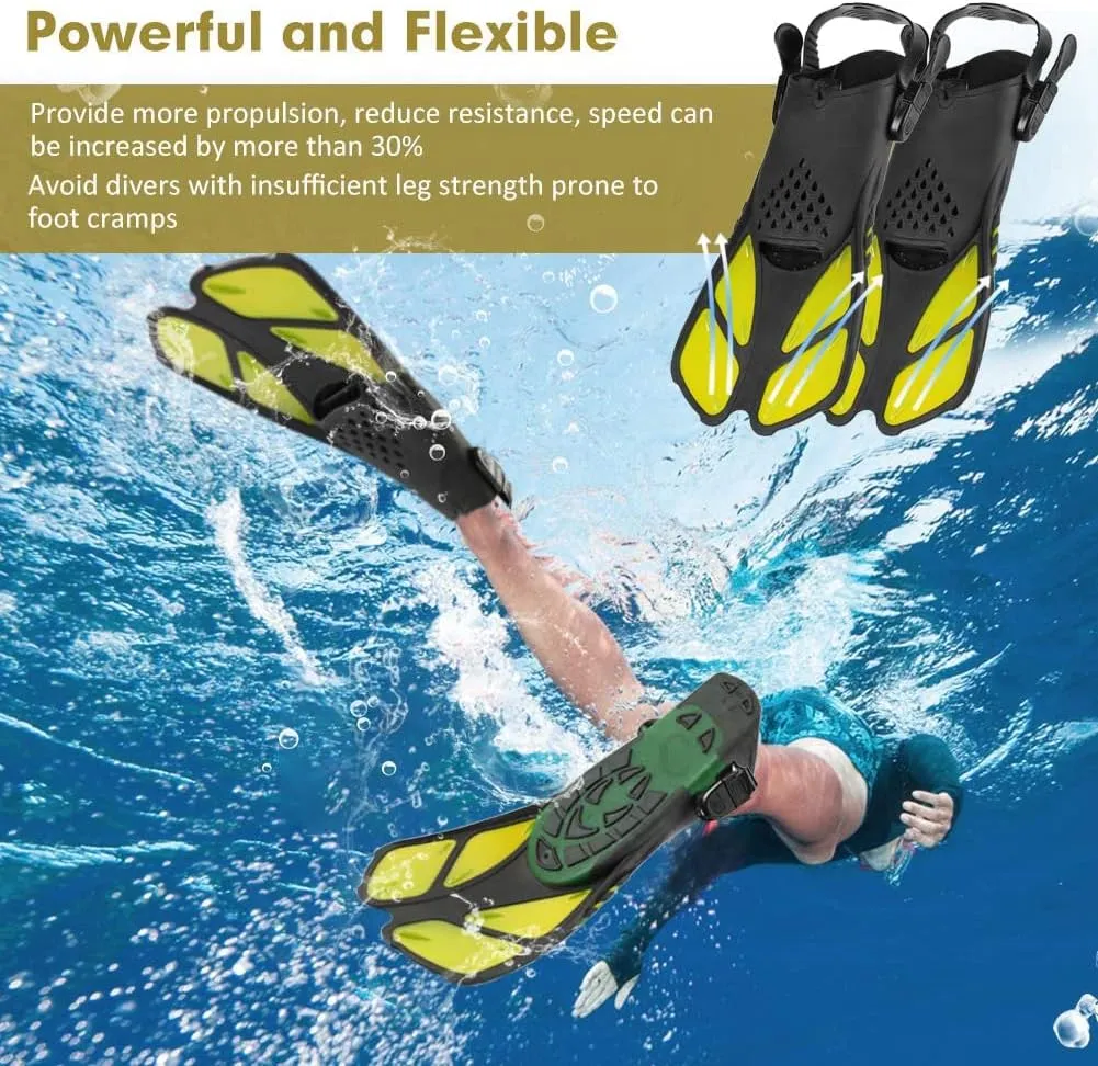 Sugaroom Swim Fins Open Heel, Adjustable Snorkel Fins Diving Fins with Mesh Bag, Snorkeling Gear Flippers Travel Size Short Flippers for Lap Swimming Scuba Dive Adult Men Women Kids