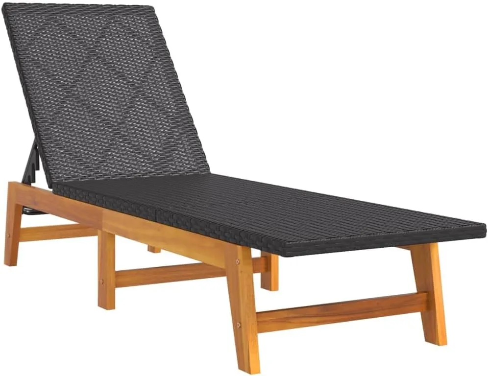 Sun Lounger Black and Brown Poly Rattan and Solid Wood Acaciacamping Chairs Recliner Chair Outdoor Lounge Chairs Tanning chairSuitable for Gardens, courtyards