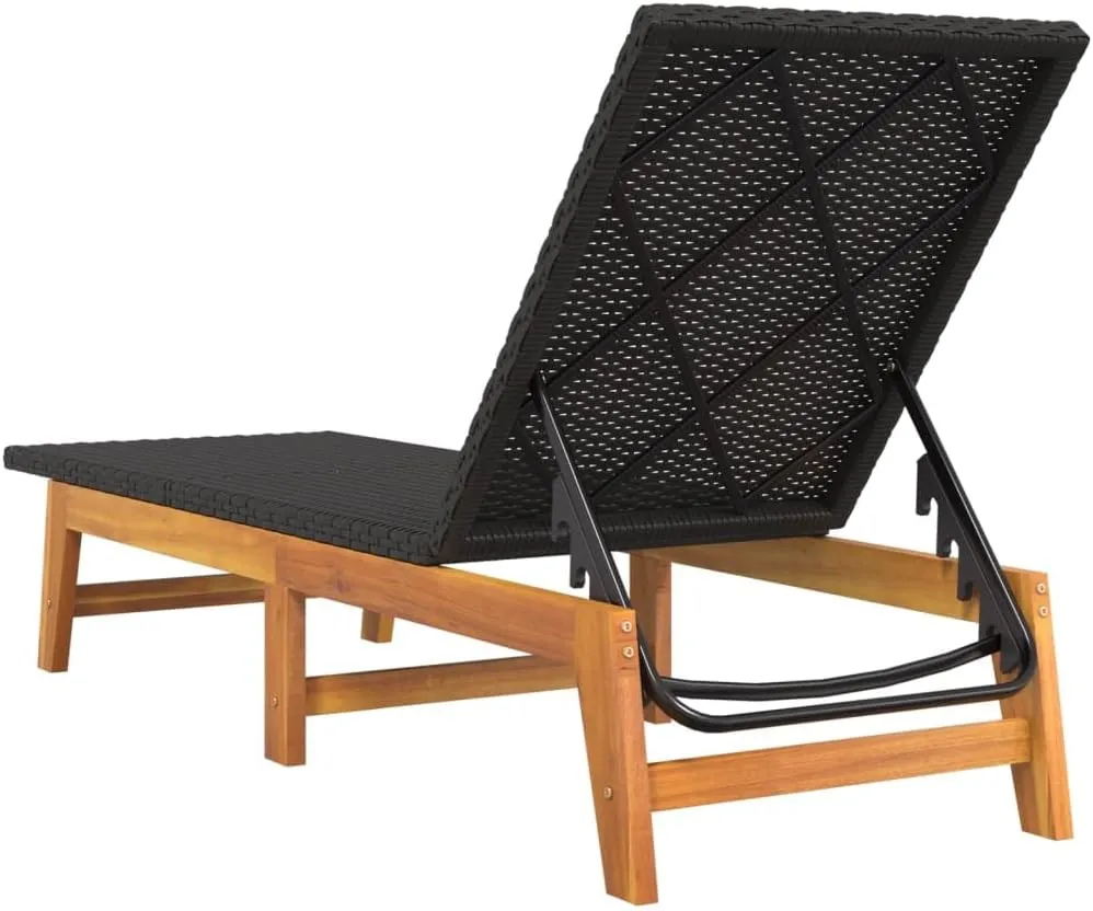 Sun Lounger Black and Brown Poly Rattan and Solid Wood Acaciacamping Chairs Recliner Chair Outdoor Lounge Chairs Tanning chairSuitable for Gardens, courtyards
