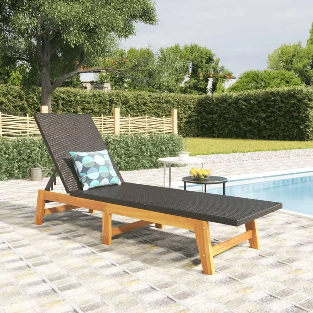 Sun Lounger Black and Brown Poly Rattan and Solid Wood Acaciacamping Chairs Recliner Chair Outdoor Lounge Chairs Tanning chairSuitable for Gardens, courtyards