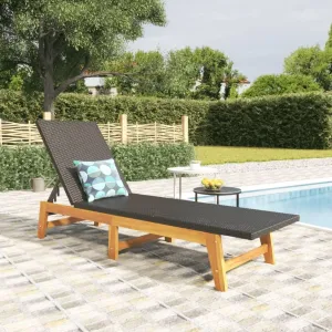 Sun Lounger Black and Brown Poly Rattan and Solid Wood Acaciacamping Chairs Recliner Chair Outdoor Lounge Chairs Tanning chairSuitable for Gardens, courtyards