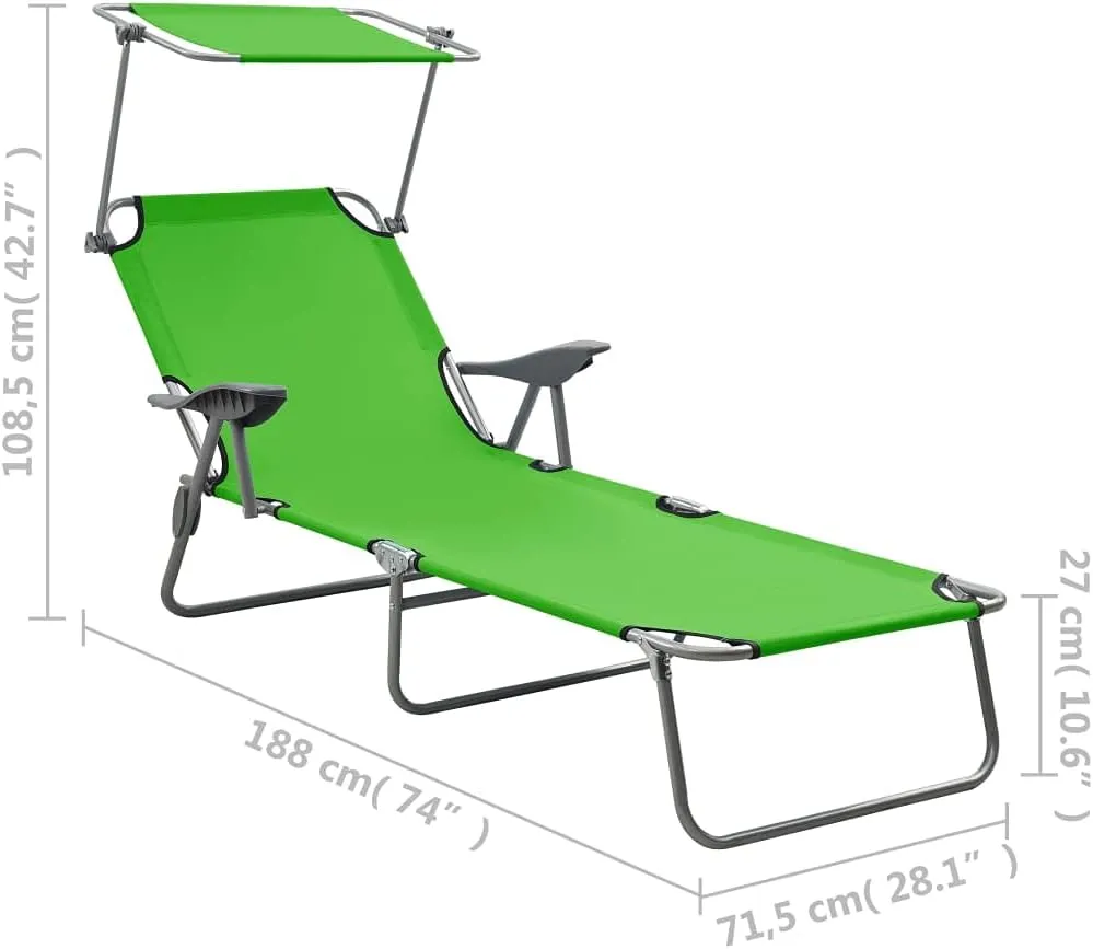 Sun Lounger with Canopy Steel Greenoutdoor Lounge Chairs Camping Chairs Recliner Chair Tanning chairSuitable for Gardens, courtyards