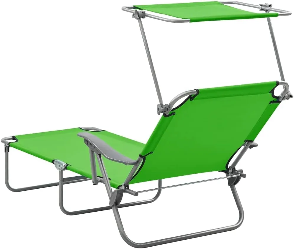 Sun Lounger with Canopy Steel Greenoutdoor Lounge Chairs Camping Chairs Recliner Chair Tanning chairSuitable for Gardens, courtyards