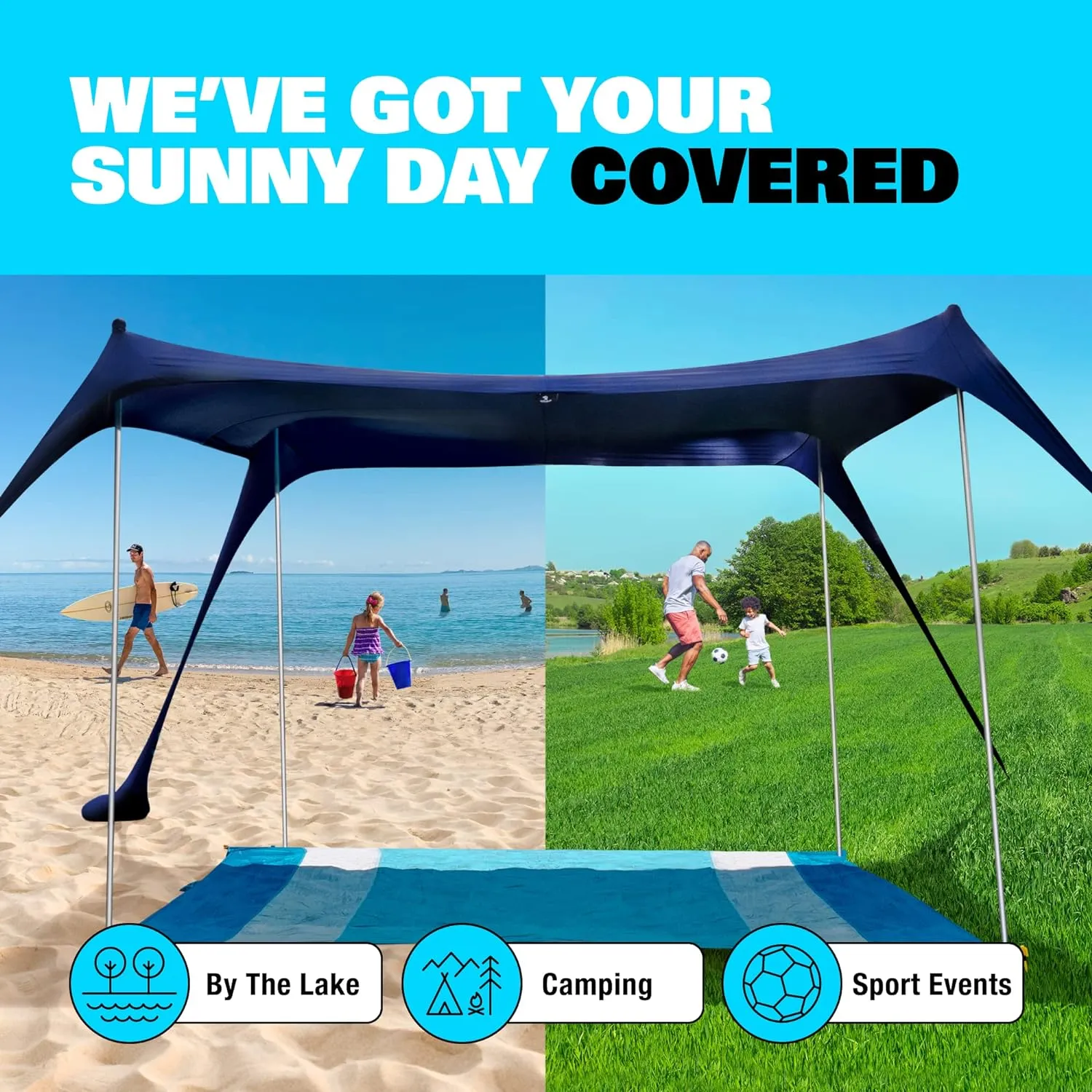 SUN NINJA Pop Up Beach Tent Sun Shelter UPF50  with Sand Shovel, Ground Pegs and Stability Poles, Outdoor Shade for Camping Trips, Fishing, Backyard Fun or Picnics (10x10 FT 4 Pole, Royal Blue)