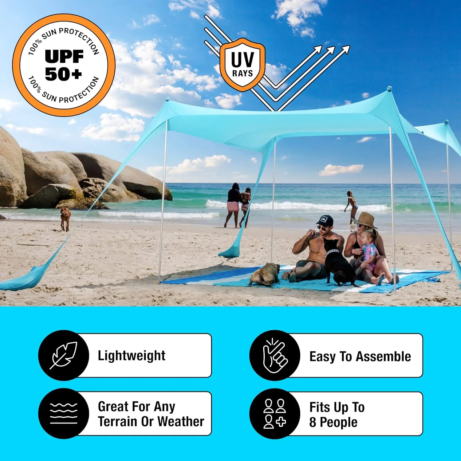 SUN NINJA Pop Up Beach Tent Sun Shelter UPF50  with Sand Shovel, Ground Pegs and Stability Poles, Outdoor Shade for Camping Trips, Fishing, Backyard Fun or Picnics (10x10 FT 4 Pole, Royal Blue)