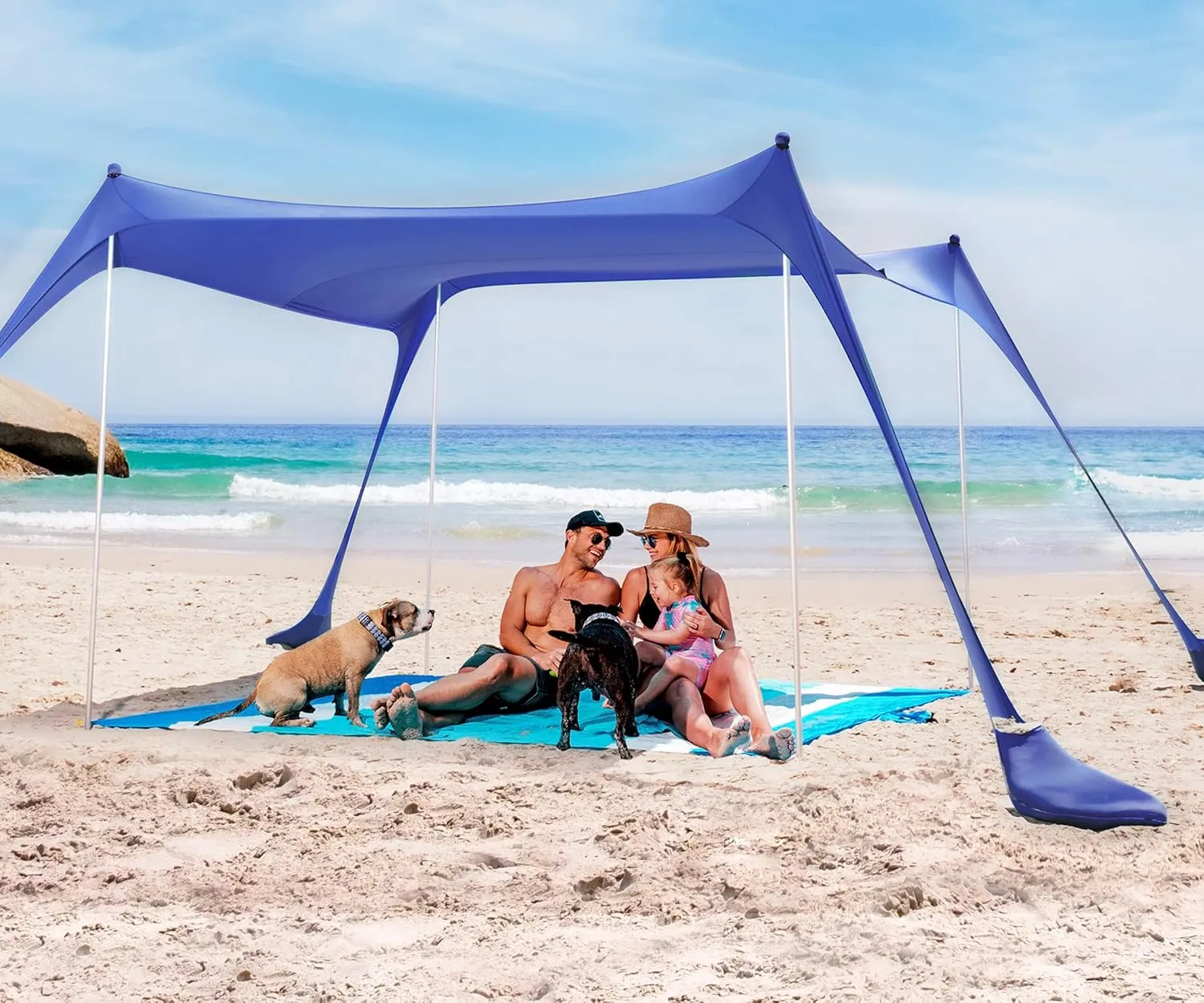 SUN NINJA Pop Up Beach Tent Sun Shelter UPF50  with Sand Shovel, Ground Pegs and Stability Poles, Outdoor Shade for Camping Trips, Fishing, Backyard Fun or Picnics (10x10 FT 4 Pole, Royal Blue)