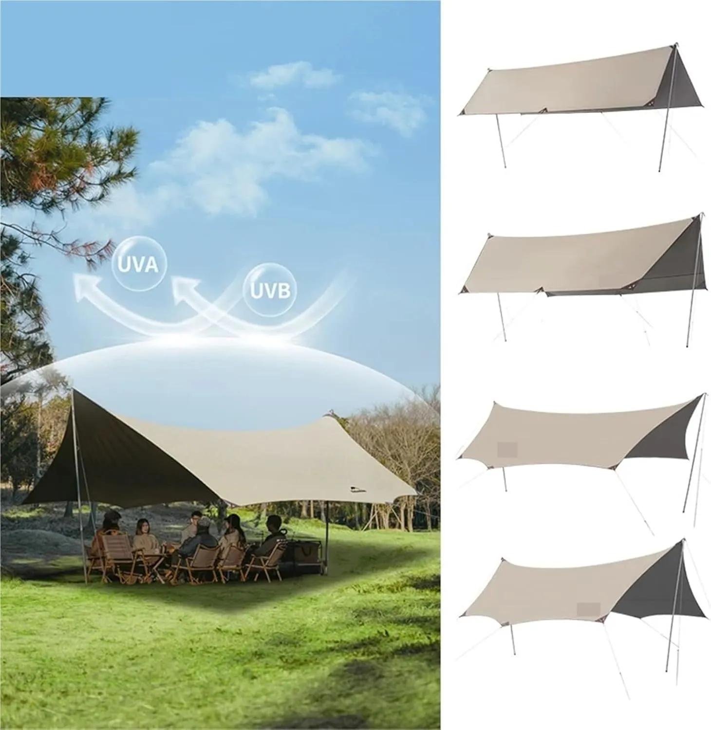 Sun Shelter Camping Outdoor Portable Tarp Waterproof Canopy UV50 Black Coating Sunshade Thickened Pole for Outdoors, Picnic(Quadrilateral)