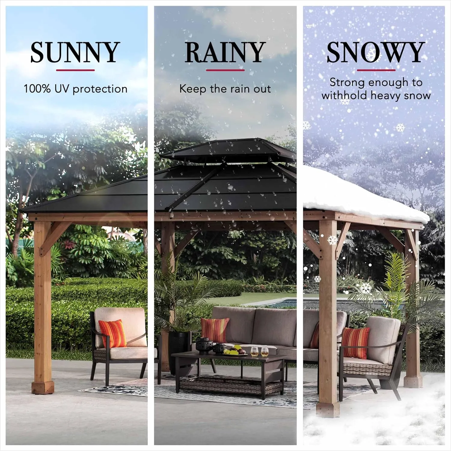 Sunjoy Hardtop Gazebo 11’ x 13’ Outdoor Cedar Framed Wood Gazebo with Black Double Steel Hardtop Roof Permanent Canopy for Garden, Backyard Shade…