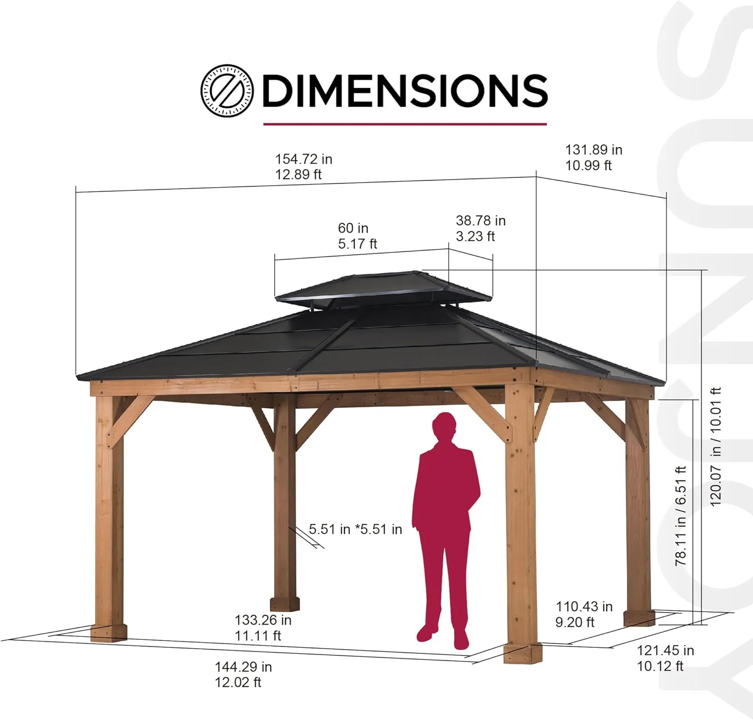 Sunjoy Hardtop Gazebo 11’ x 13’ Outdoor Cedar Framed Wood Gazebo with Black Double Steel Hardtop Roof Permanent Canopy for Garden, Backyard Shade…