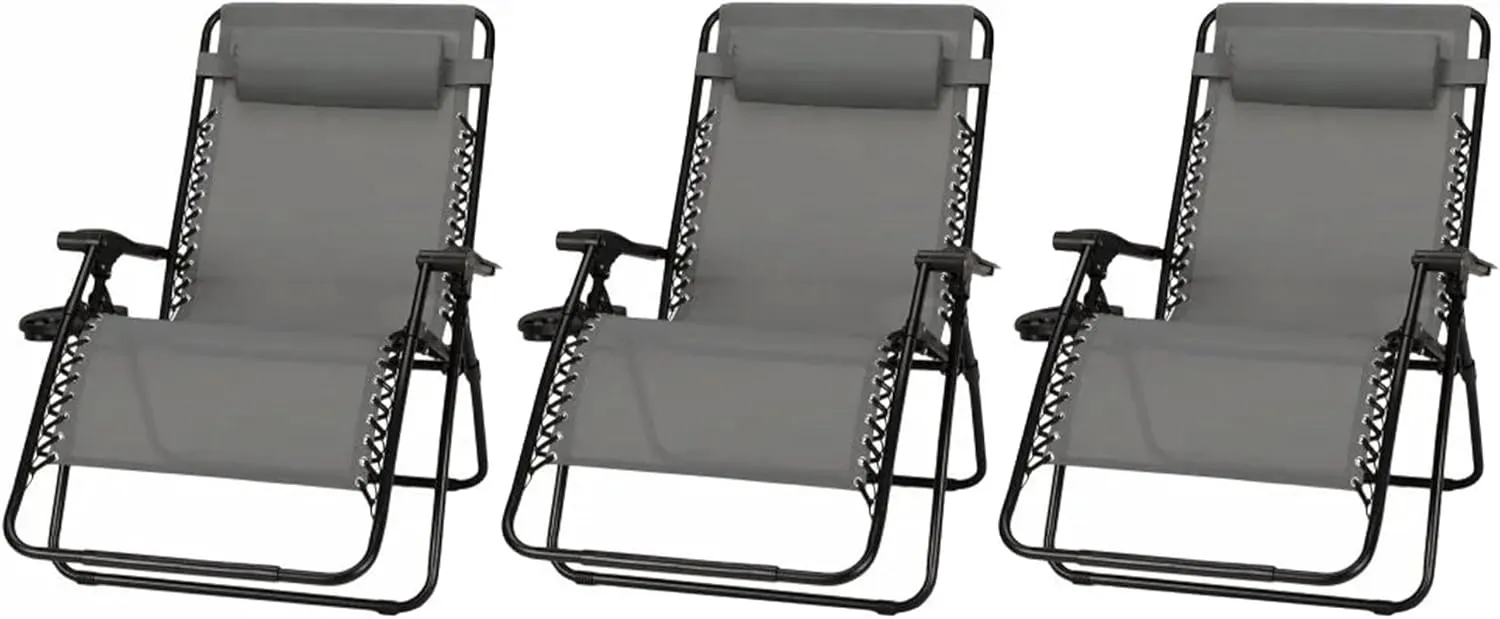 Sunny Isles XL Powder Coated Steel Frame Zero Gravity Outdoor Patio Reclining Chair, Holds Up to 350 Pounds, Gray (3 Pack)