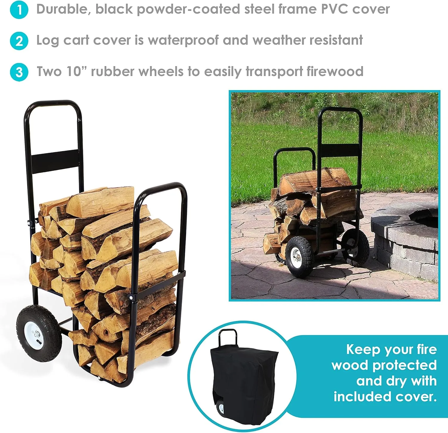 Sunnydaze Outdoor Firewood Carrier Log Dolly with Cover - Wood Cart with Wheels - Black