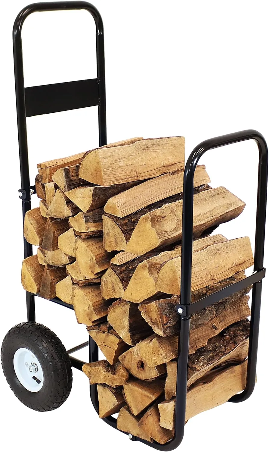 Sunnydaze Outdoor Firewood Carrier Log Dolly with Cover - Wood Cart with Wheels - Black