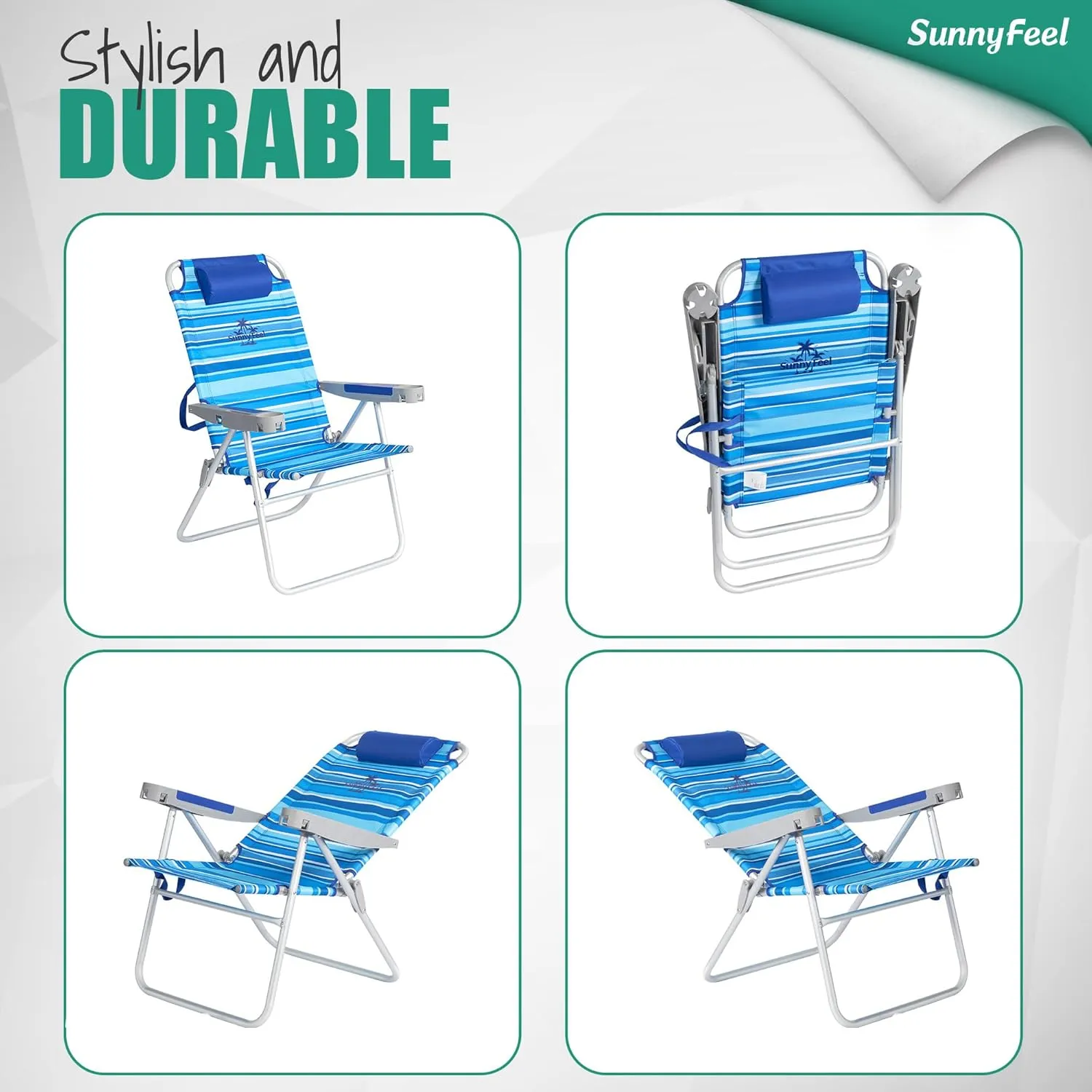 SUNNYFEEL 17" Tall Oversized Beach Chairs 2 Pack for Adults Heavy Duty 500 LBS, 5 Position, Portable High Folding Camping Chair with Cup Holder for Outdoor/Lawn/Trip, Foldable Sand Chairs for Adults
