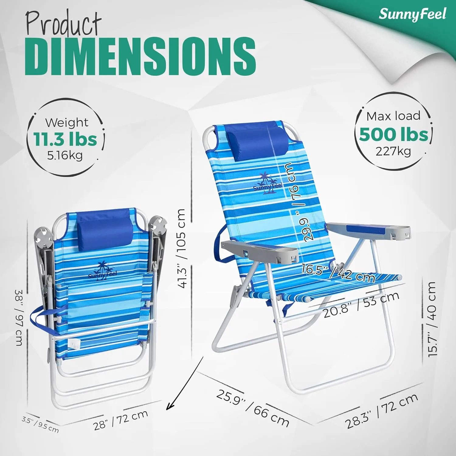 SUNNYFEEL 17" Tall Oversized Beach Chairs 2 Pack for Adults Heavy Duty 500 LBS, 5 Position, Portable High Folding Camping Chair with Cup Holder for Outdoor/Lawn/Trip, Foldable Sand Chairs for Adults