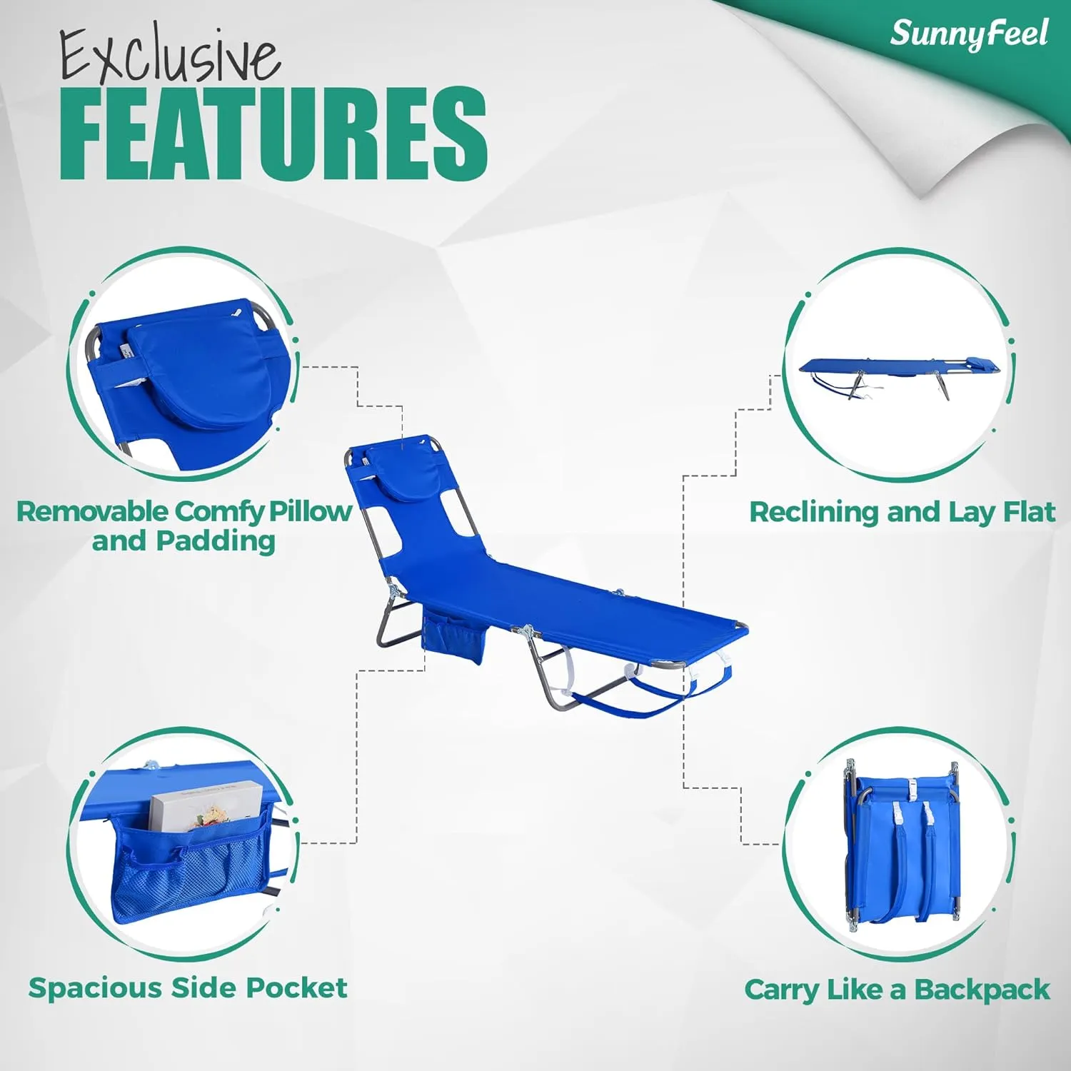 SUNNYFEEL Beach Lounge Chair, Backpack Reclining Beach Chairs Lay Flat, Sun Face Down Tanning Chair, Folding Camping Chairs Portable Camp Cot with Backpack Straps for Outdoor/Picnic/Lawn