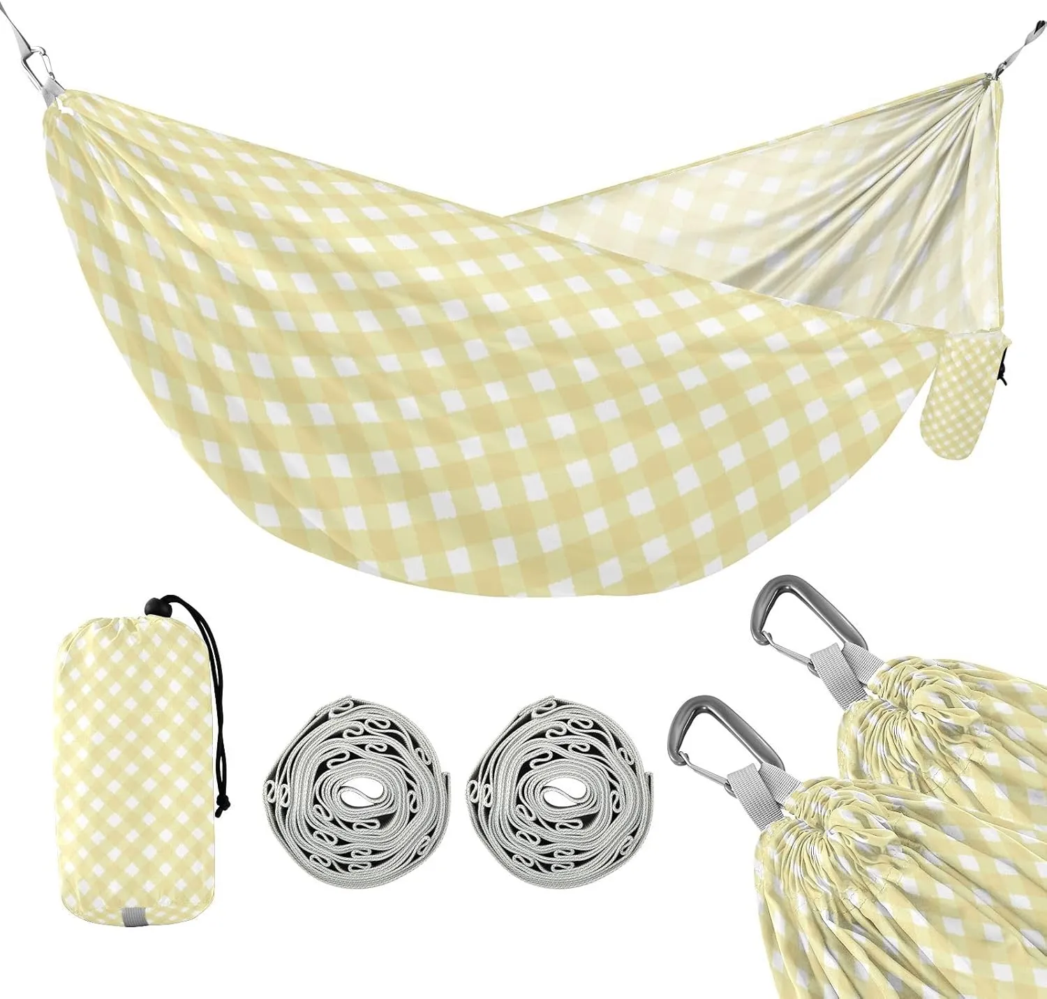 susiyo Portable Camping Hammock Yellow Plaid Check Stripes Printed Lightweight Hammock Comfortable Travel Swing with Tree Straps for Camping Hiking Backpacking Travel or Beach - Up to 330lbs