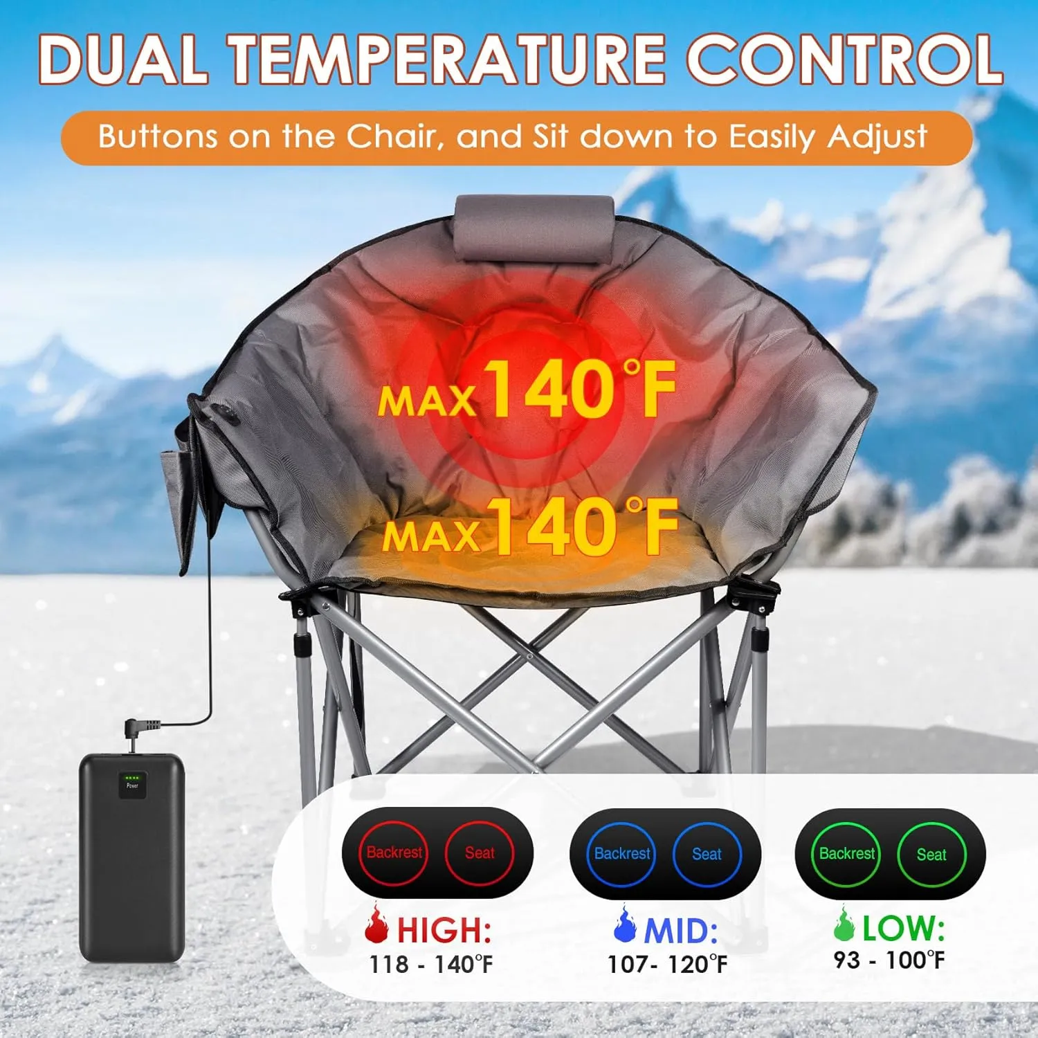 Suteck Heated Camping Chair, Oversized Outdoor Portable Heated Folding Chairs with 12V 20,000mAh Power Bank, Heated Foldable Chair Seat, Heating Chair for Outdoor Sports Camping Patio, 650lbs