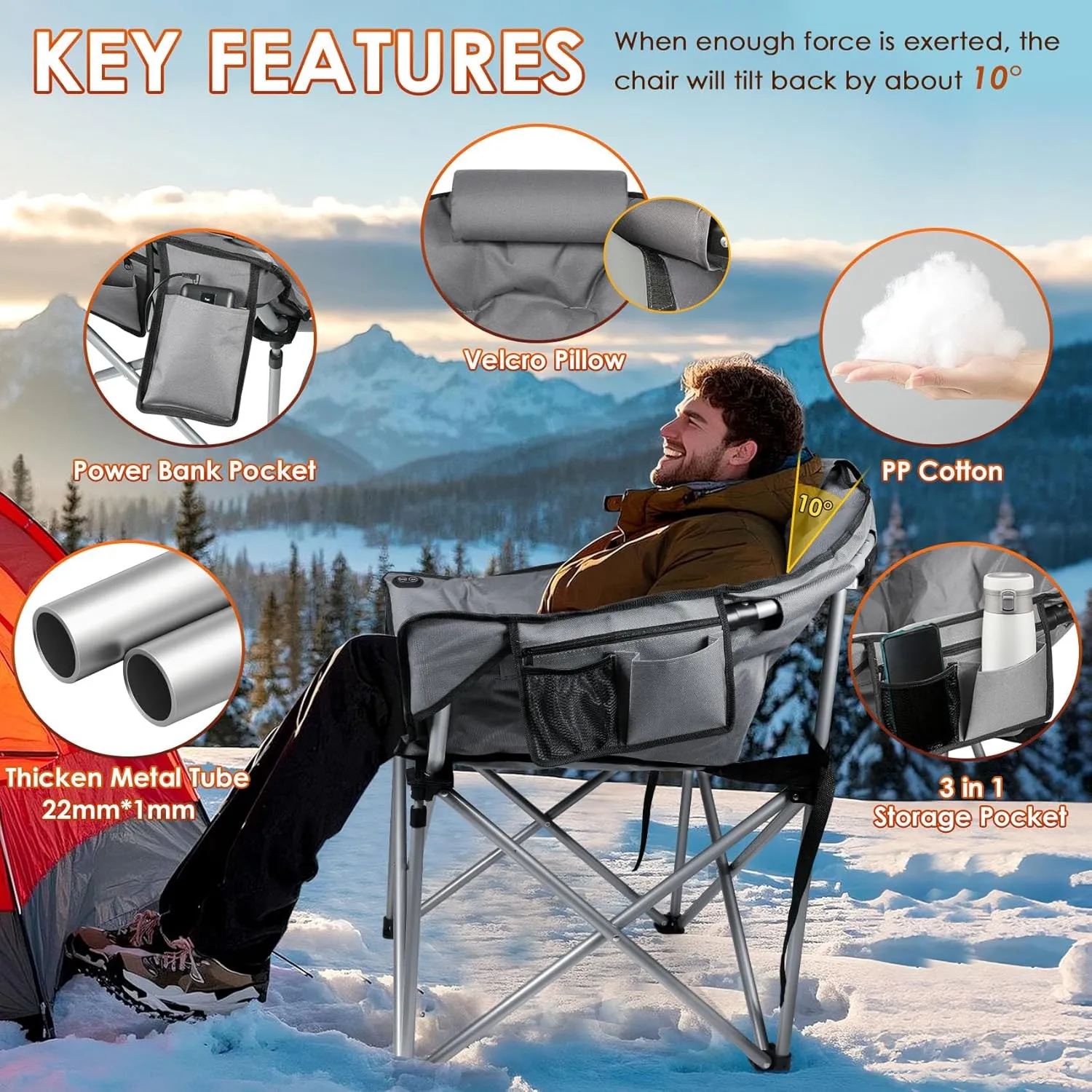 Suteck Heated Camping Chair, Oversized Outdoor Portable Heated Folding Chairs with 12V 20,000mAh Power Bank, Heated Foldable Chair Seat, Heating Chair for Outdoor Sports Camping Patio, 650lbs