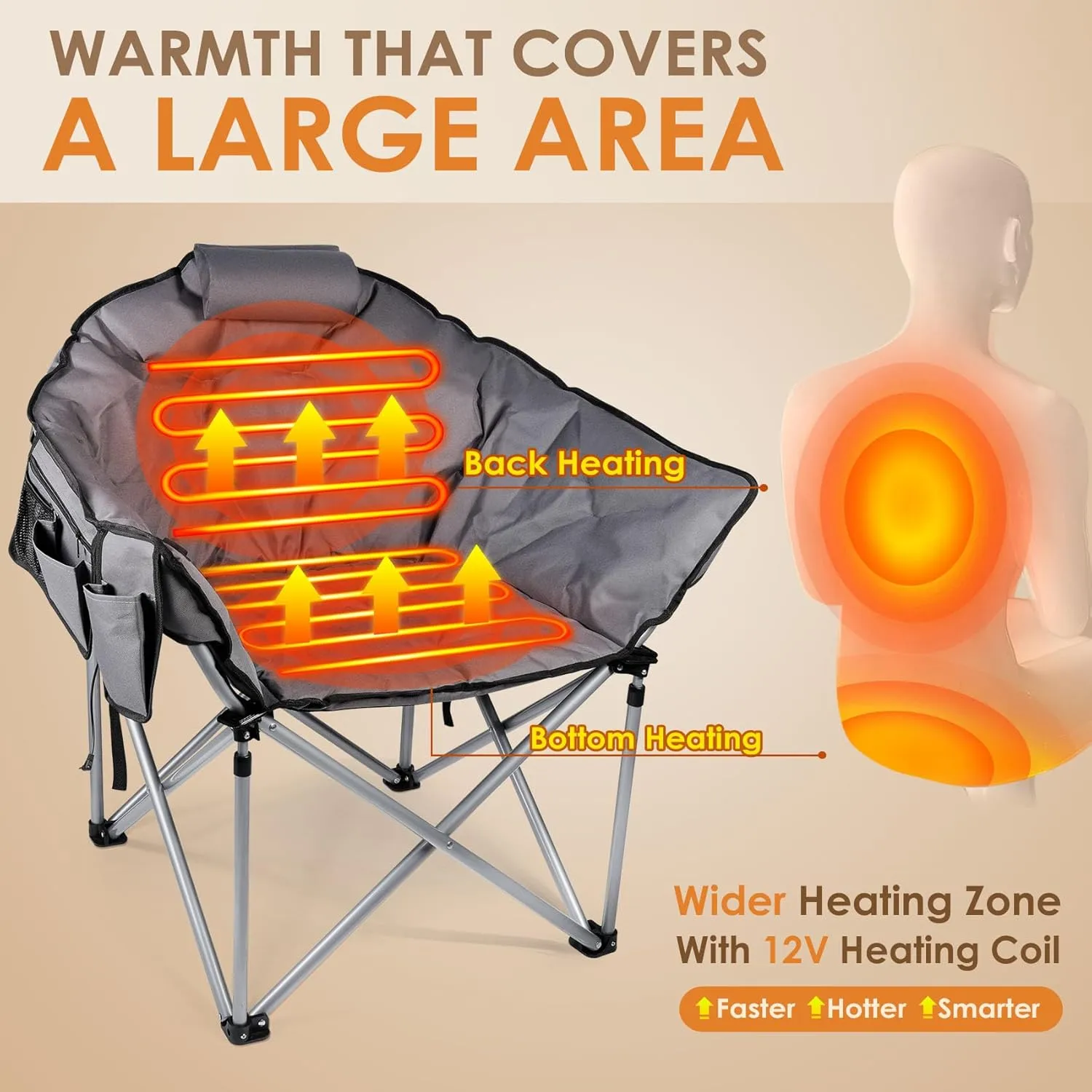 Suteck Heated Camping Chair, Oversized Outdoor Portable Heated Folding Chairs with 12V 20,000mAh Power Bank, Heated Foldable Chair Seat, Heating Chair for Outdoor Sports Camping Patio, 650lbs