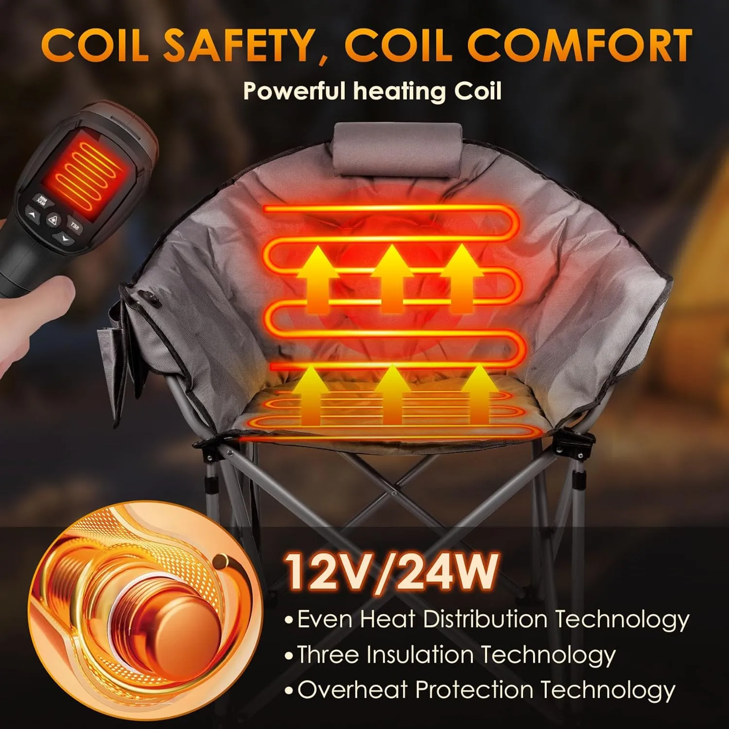 Suteck Heated Camping Chair, Oversized Outdoor Portable Heated Folding Chairs with 12V 20,000mAh Power Bank, Heated Foldable Chair Seat, Heating Chair for Outdoor Sports Camping Patio, 650lbs