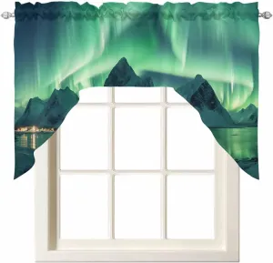 Swag Curtain Valance, Winter Polar Lights Ice Islands Ocean Scenery Light Green Kitchen Curtains Rod Pocket Window Curtain Valances for Bedroom Bathroom 1 Panel 56"x36"