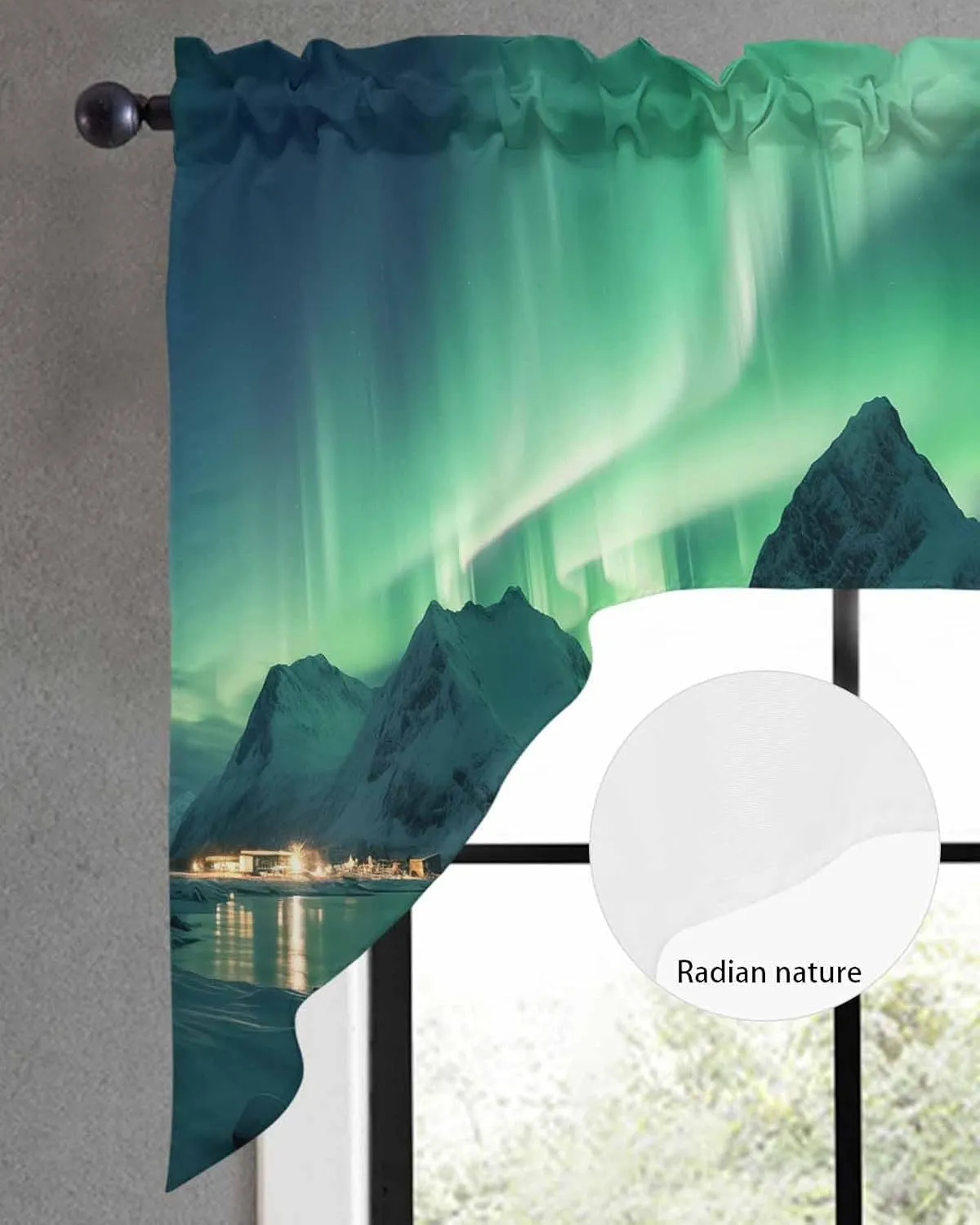 Swag Curtain Valance, Winter Polar Lights Ice Islands Ocean Scenery Light Green Kitchen Curtains Rod Pocket Window Curtain Valances for Bedroom Bathroom 1 Panel 56"x36"