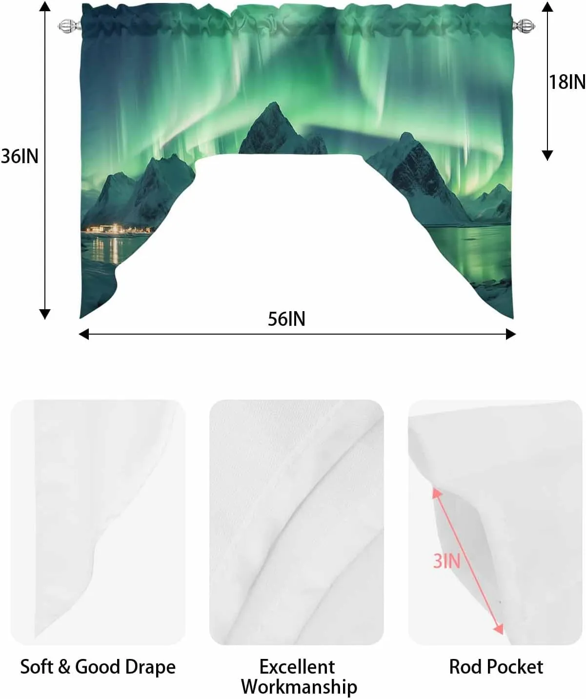 Swag Curtain Valance, Winter Polar Lights Ice Islands Ocean Scenery Light Green Kitchen Curtains Rod Pocket Window Curtain Valances for Bedroom Bathroom 1 Panel 56"x36"